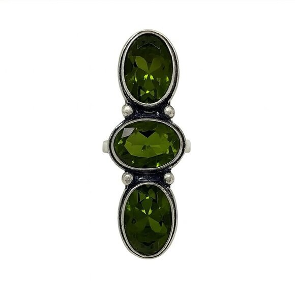 Genuine 3-Stone Peridot 925 Silver Ring - Size 7 - Picture 1 of 6